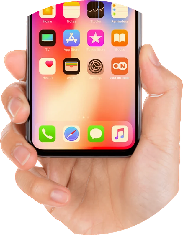 A hand holding a phone with the Just on Table app open